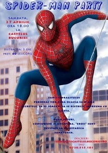Imagine cu Spider-Man în acțiune, promovând petrecerea pentru copii la Castelul București.